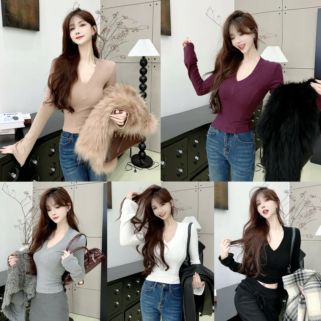 《纯欲撩人》设计感V领显瘦双面磨毛针织衫（衣长51）（#8371）