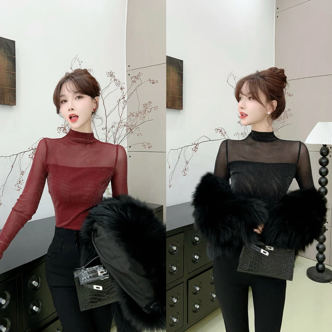 《时髦聚焦》③气质半高领网纱亮片T（不扎人）(8323)休闲韩版打底上衣