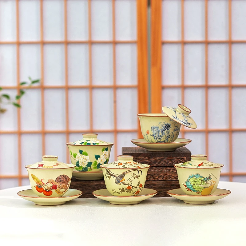 岑汝米黄汝窑盖碗茶杯青花翠竹开片纹高档陶瓷功夫茶具防烫泡茶碗