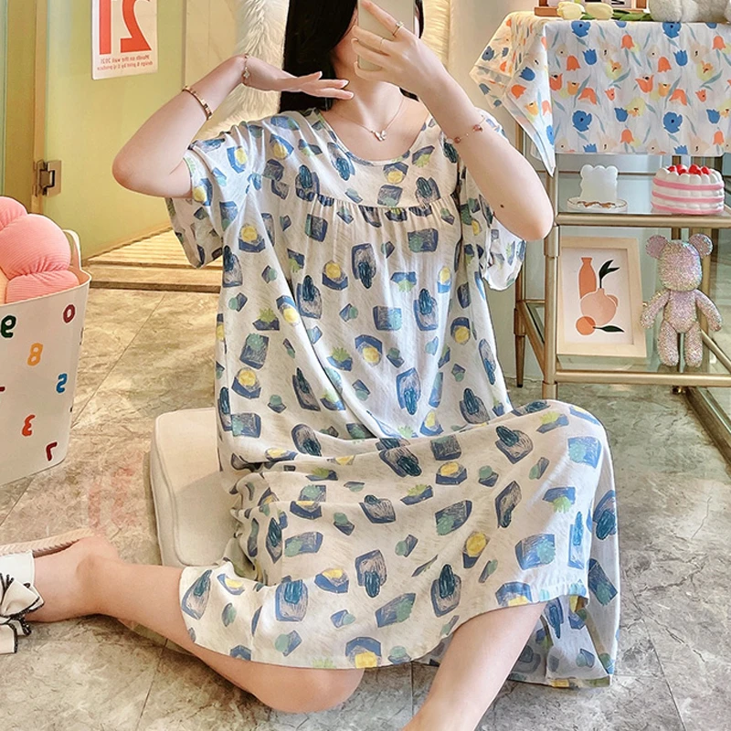 绵绸加长款棉绸睡裙女士短袖加大码睡衣夏季甜美人造棉布家居睡衣