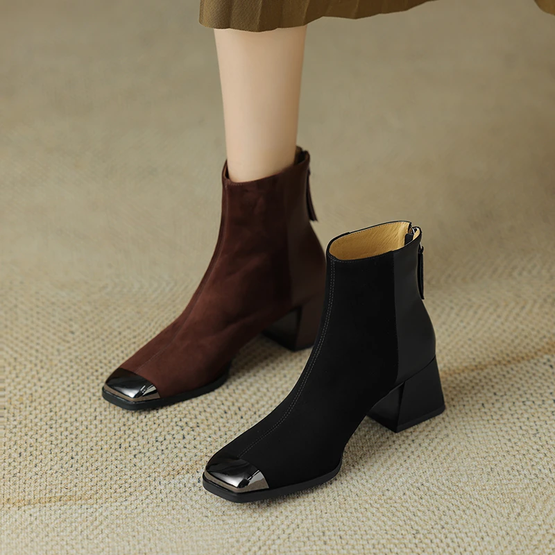 缘曦真皮方头短靴粗跟中跟棕色高跟复古百搭短靴通勤时尚女靴黑色