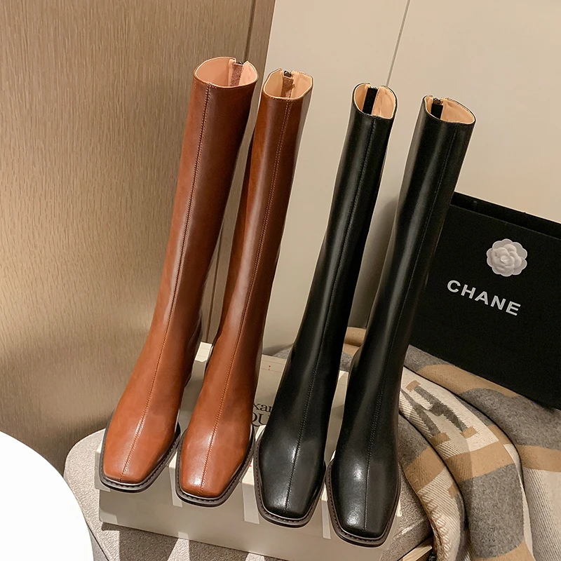 缘曦百搭秋冬长筒新款方头小个子时尚真皮长靴棕色过膝粗跟高跟靴