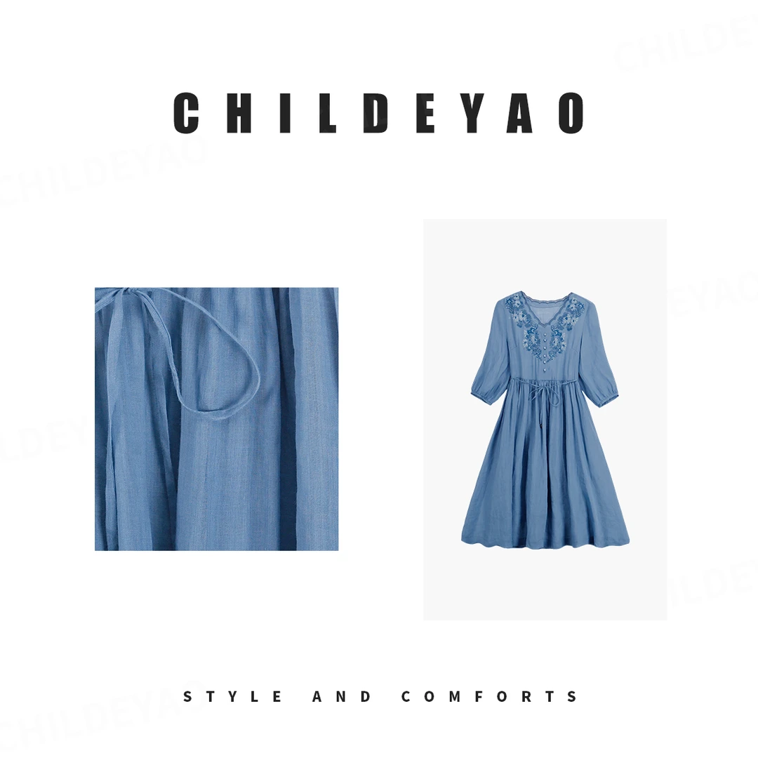 Childe Yao刺绣苎麻连衣裙女七分袖V领连衣裙A4151