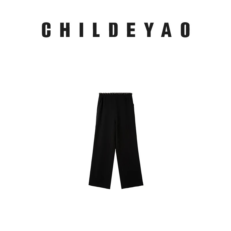 Childe Yao小香裤 宽松显瘦垂感直筒阔腿裤女黑色醋酸012