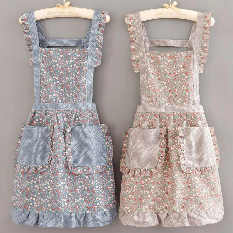 厨房围裙家用透气耐磨帆布洋气韩版围腰公主帆布布料可爱碎花工作