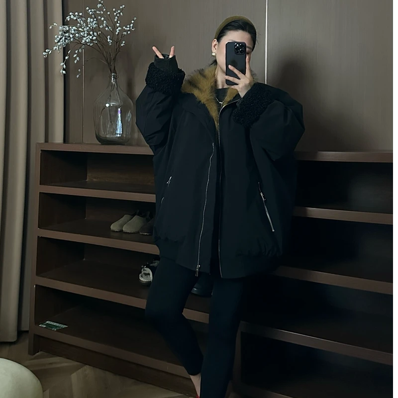 2024新款欧货毛领派克服保暖女毛毛外套百搭潮流加厚冬季立领