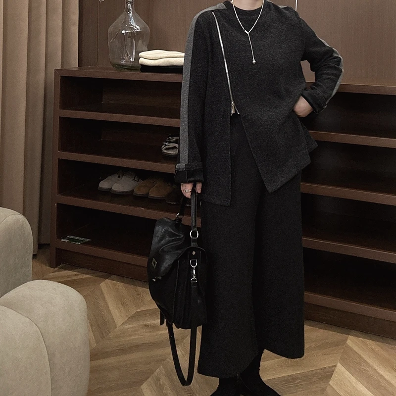 2024新款欧货前拉链个性时尚打底衫毛呢宽松百搭长袖秋冬