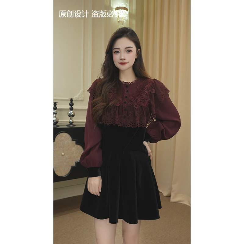 逸焰【宁宁】秋季新款撞色时尚设计感拼接花边上衣长袖女装-90535