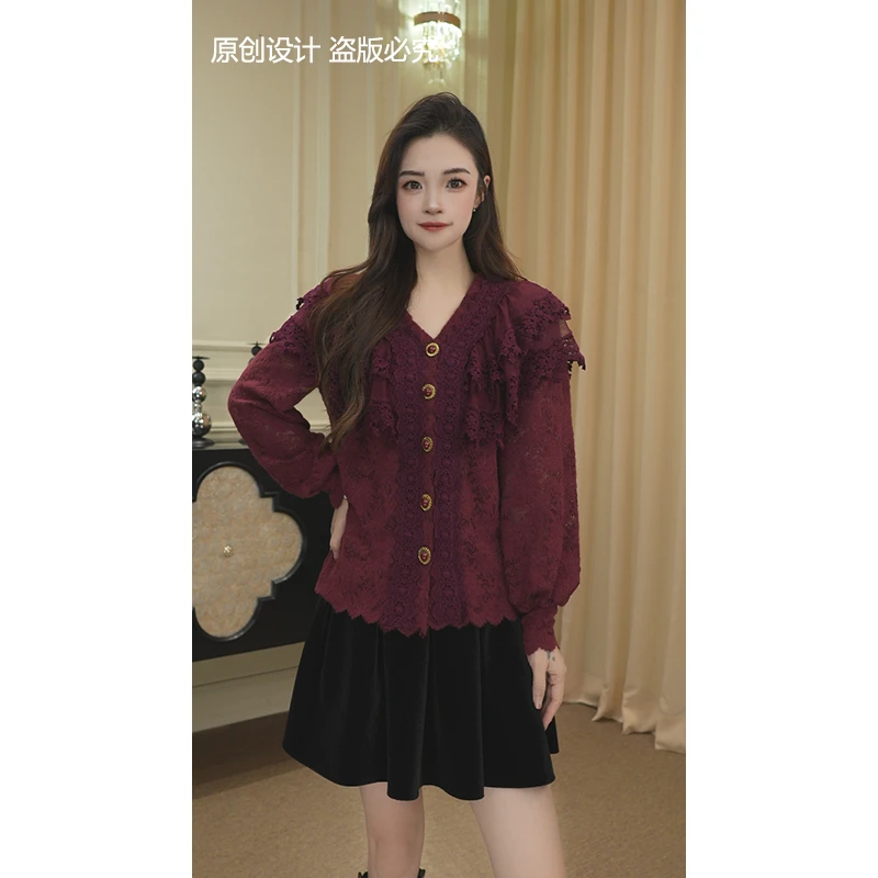 逸焰【宁宁】秋季新款红色拼接设计感上衣花边开衫长袖女装-90386