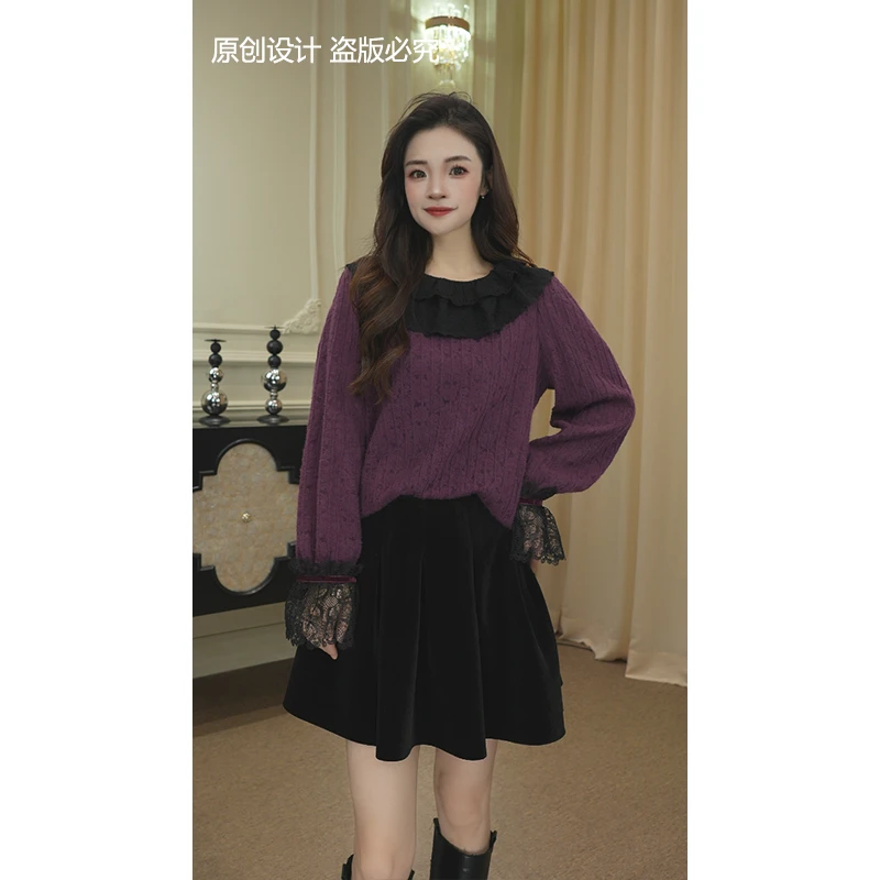 逸焰【宁宁】秋季新款紫色黑领设计感洋气拼接上衣小衫女装-90599