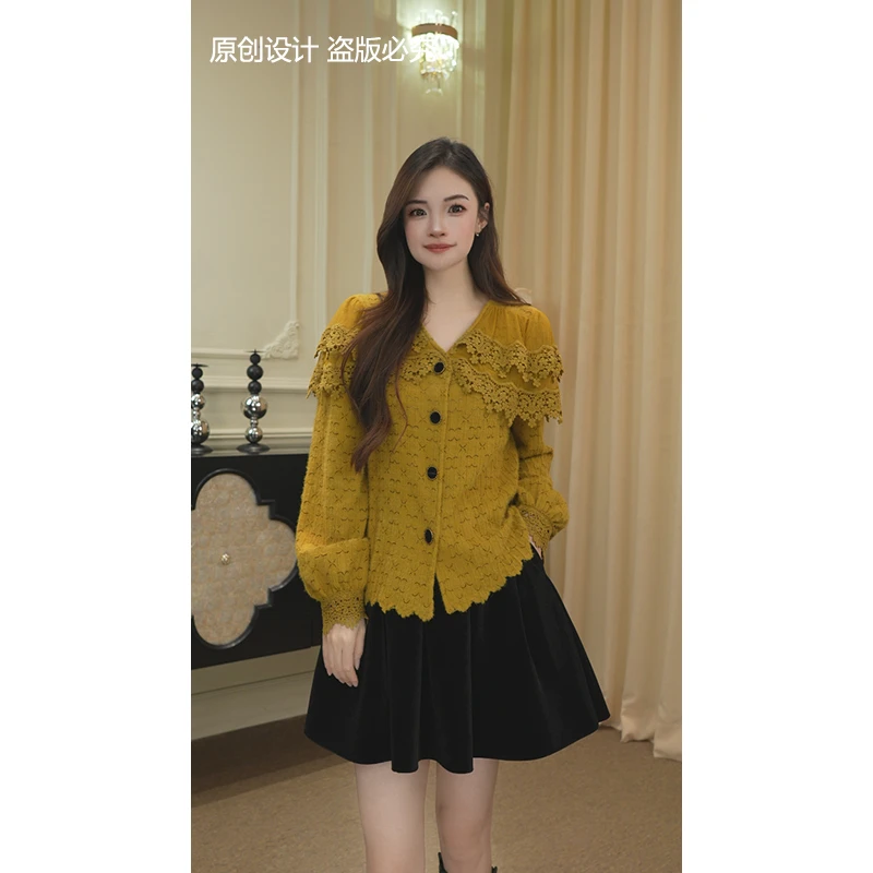 逸焰【宁宁】秋季新款黄色花边时尚设计感开衫上衣长袖女装-90399