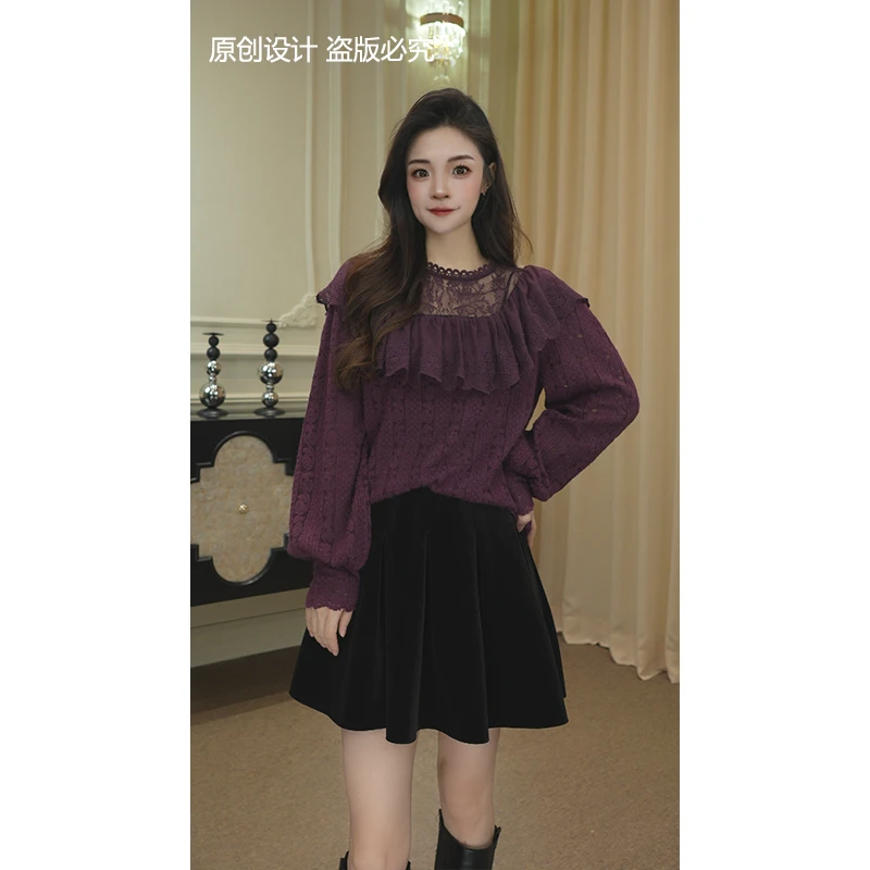 逸焰【宁宁】秋季新款紫色花朵拼接设计感蕾丝上衣小衫女装-90621