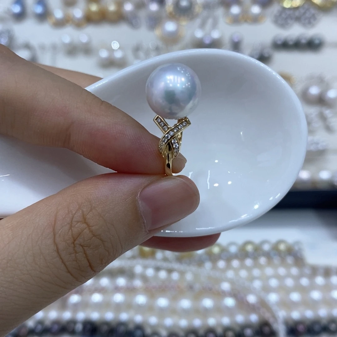 淡水珍珠戒指18K金镶嵌紫*10-11mm