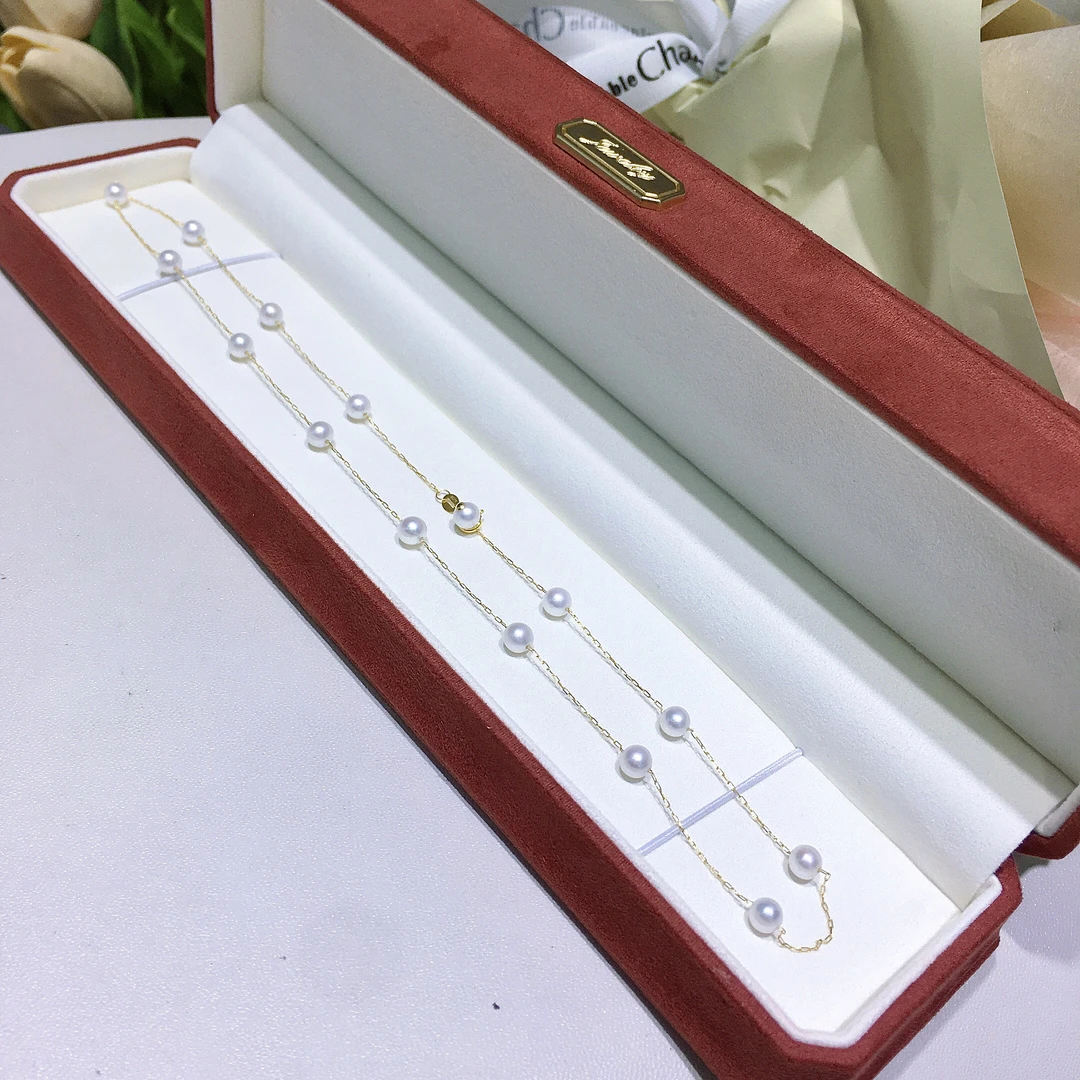 18k金满天星项链 4-5mm 高品质几乎无瑕镜面光淡水珍珠时尚减龄