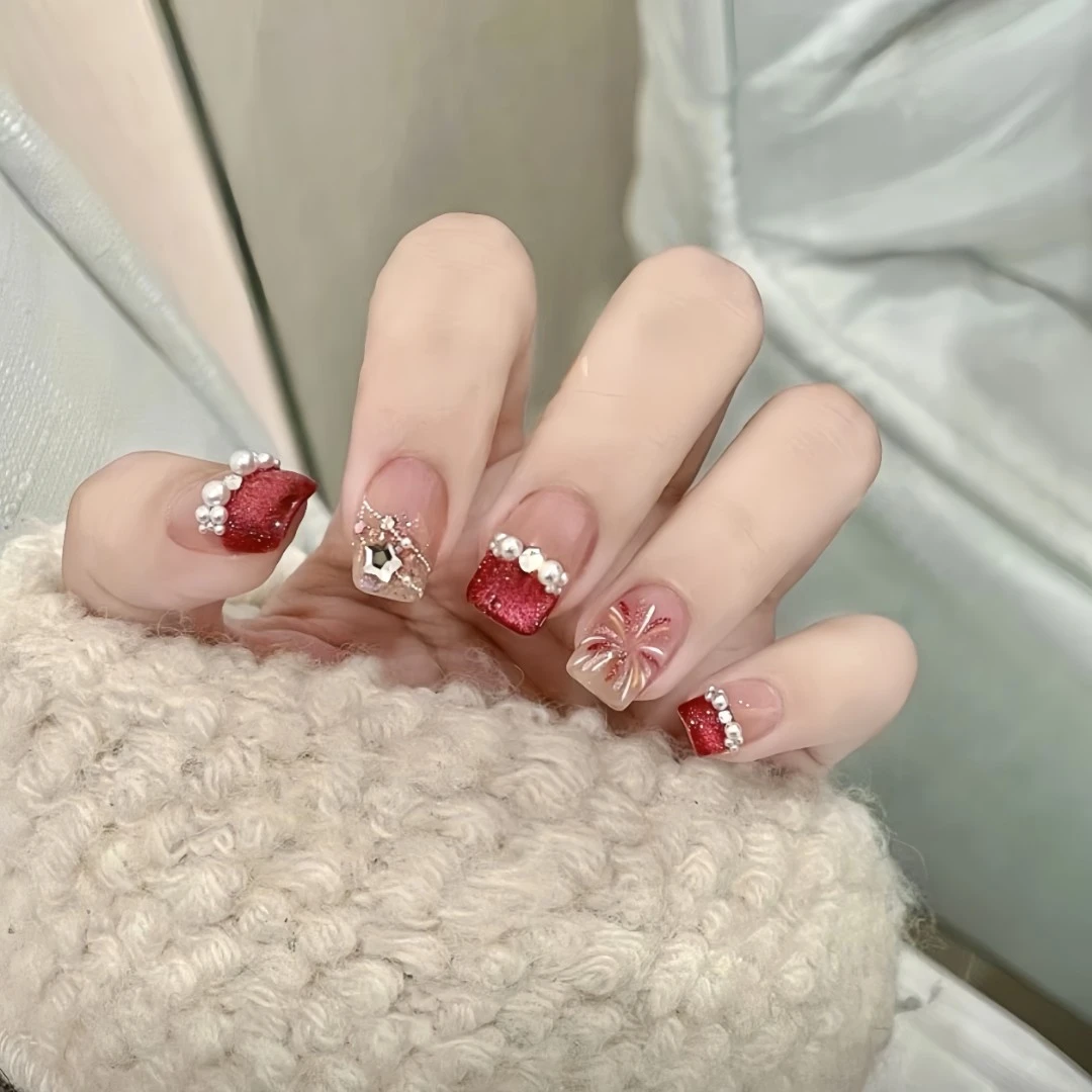 纯手工甲片拆卸穿戴假指甲樱桃红氛围烟花猫眼法式珍珠美甲贴
