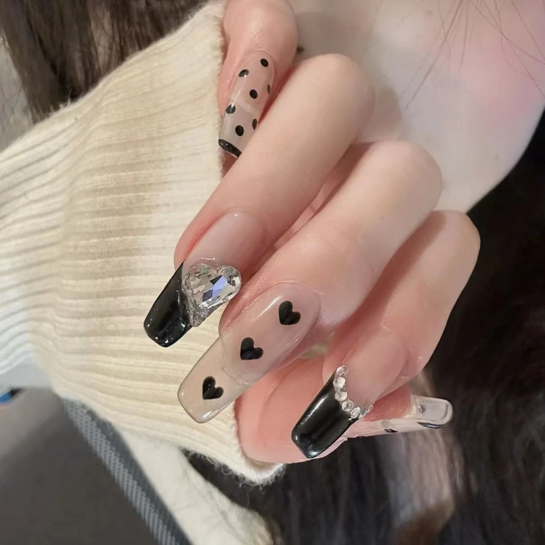 纯手工甲片持久穿戴假指甲贴甜美miu缪风黑色波点爱心黑粉穿戴甲