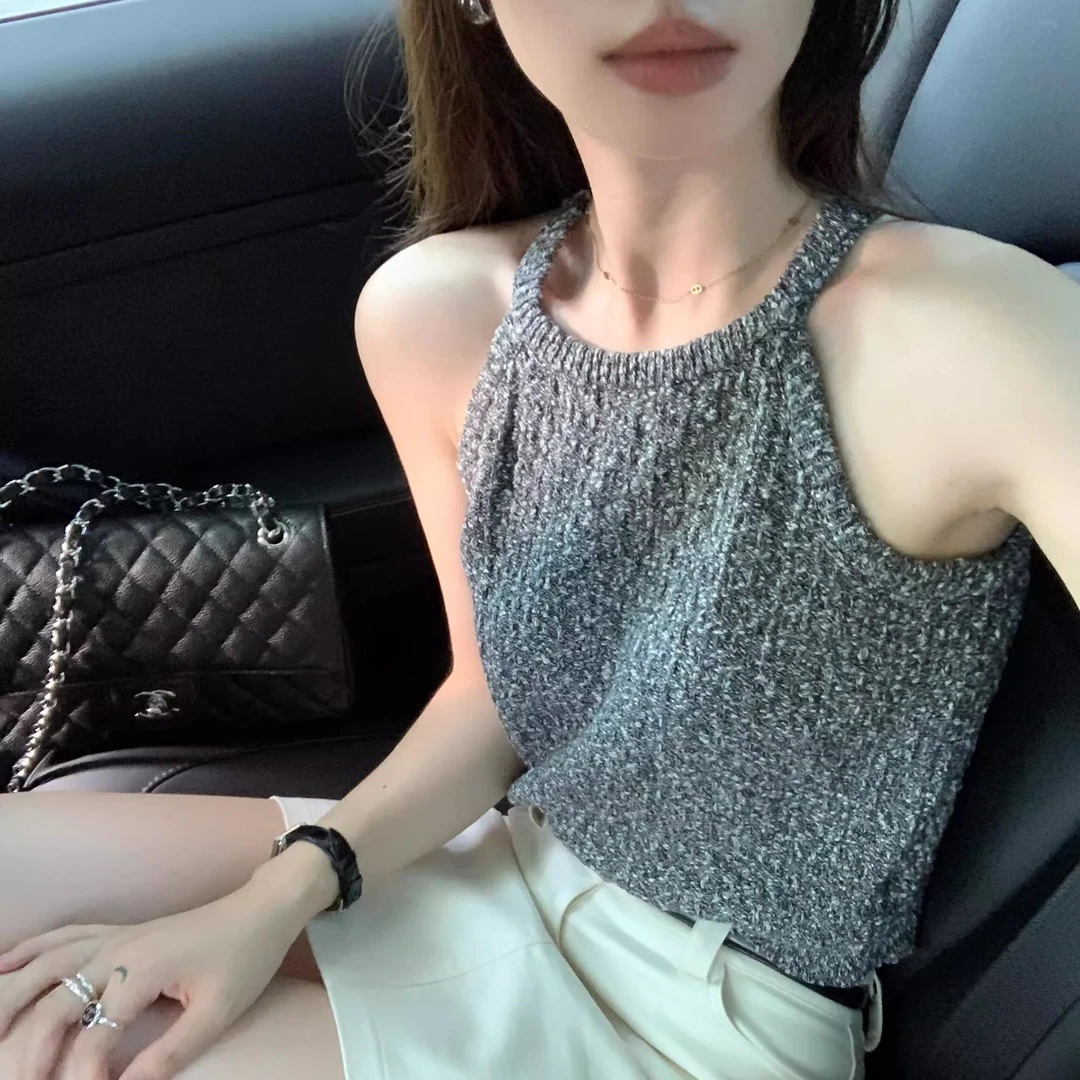 高级感灰色挂脖针织背心女薄款夏季设计感小众外穿小吊带无袖上衣