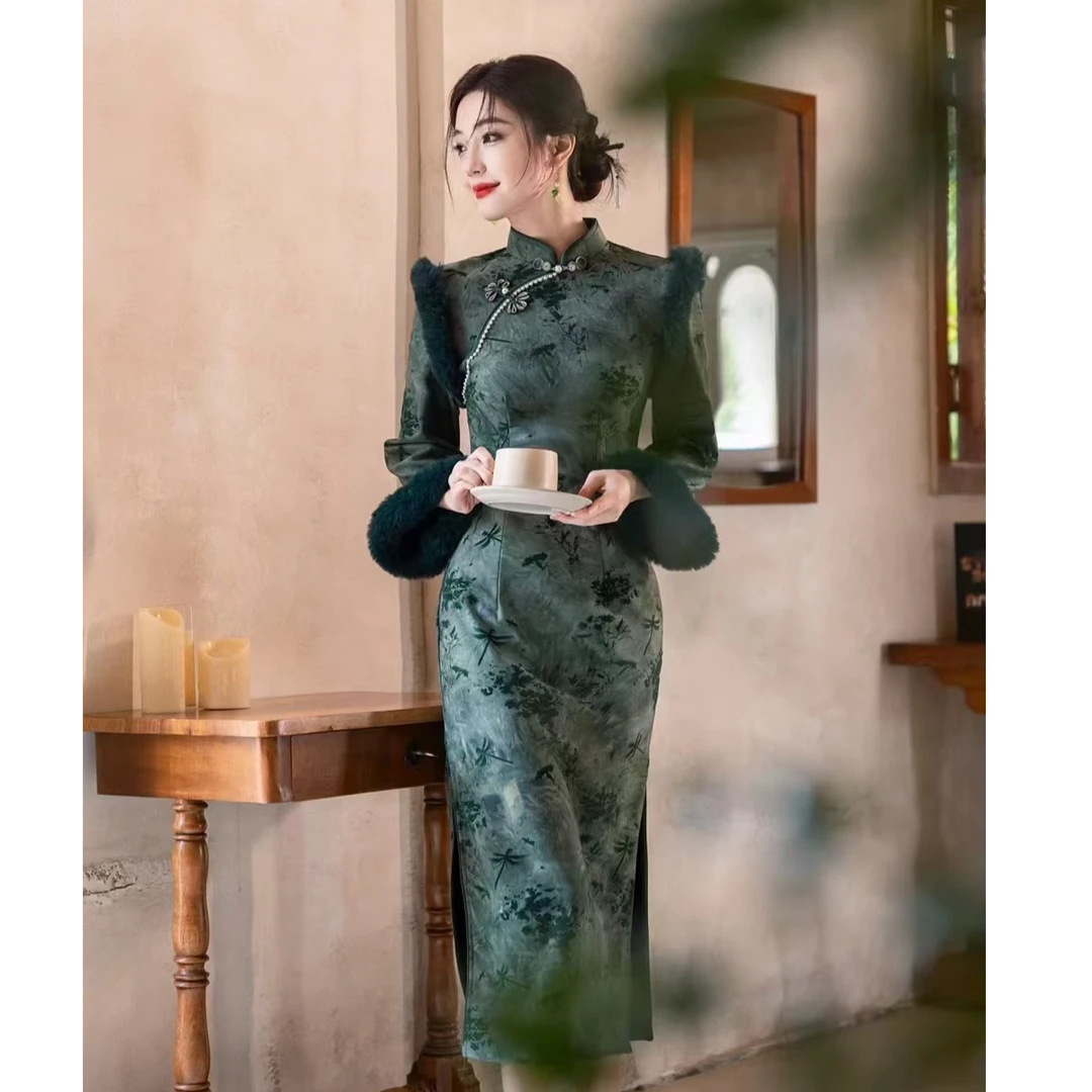 【颜安青】绫曦秋冬新款气质优雅旗袍裙