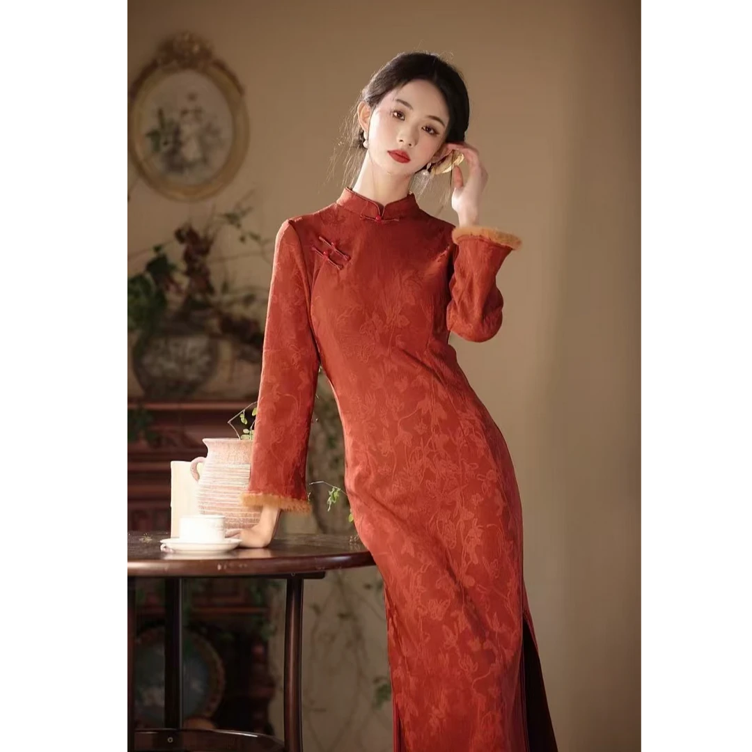 【祈年】旗袍厚款碎花新中式ins秋冬中国风优雅加厚红色中式气质