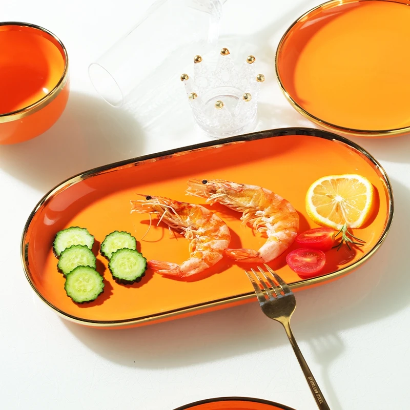 《橙色》陶瓷双耳创意大号鱼盘一个，长度32厘米左右餐具网红餐具