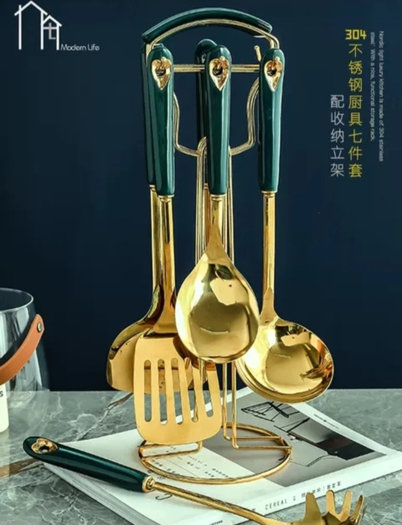 高品质祖母绿勺铲套装6件套送架子。炒菜家用做饭陶瓷轻奢网红餐具