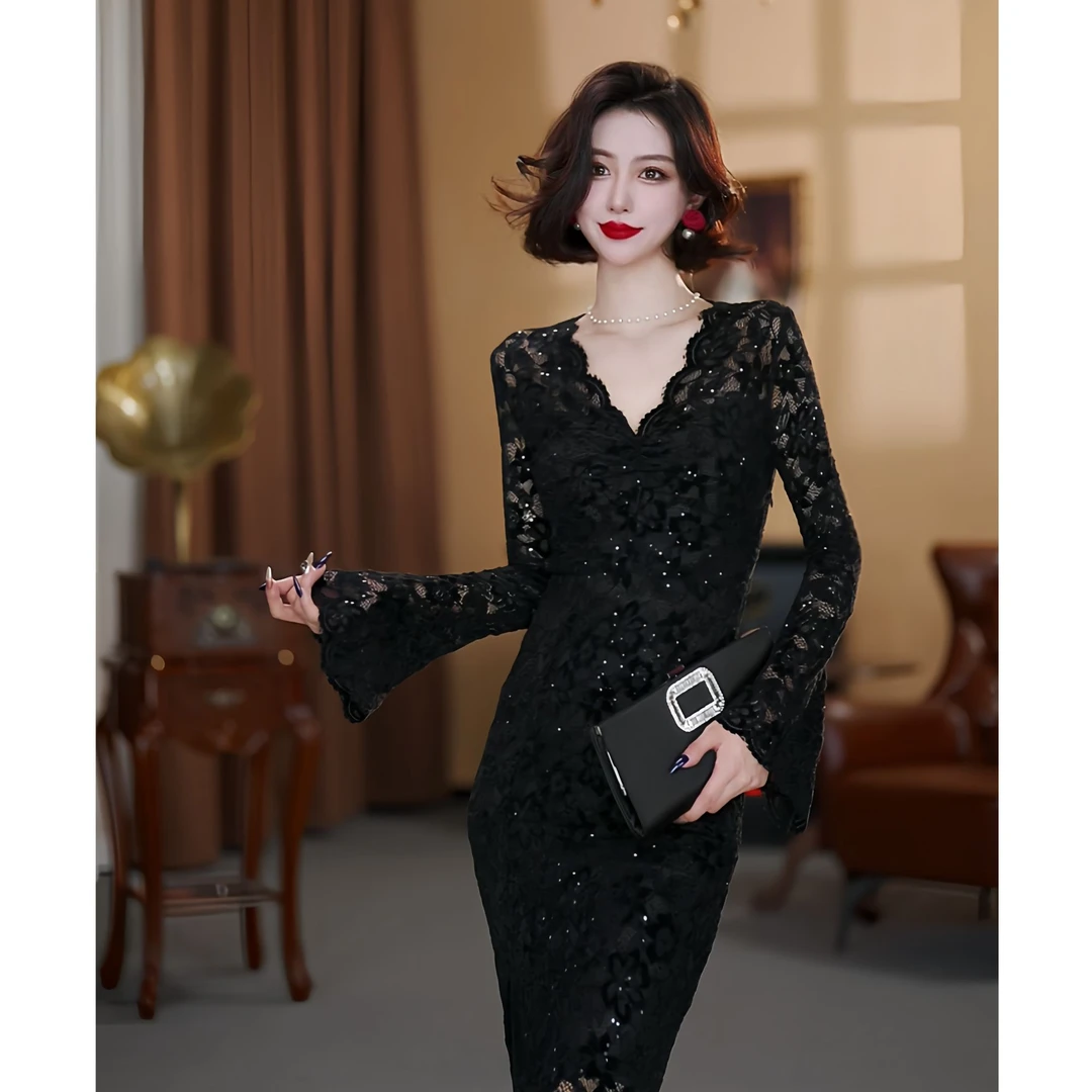 【大晶定制】“暗夜星辰”新款长款闪片V领礼服款轻奢连衣裙-DJ10022