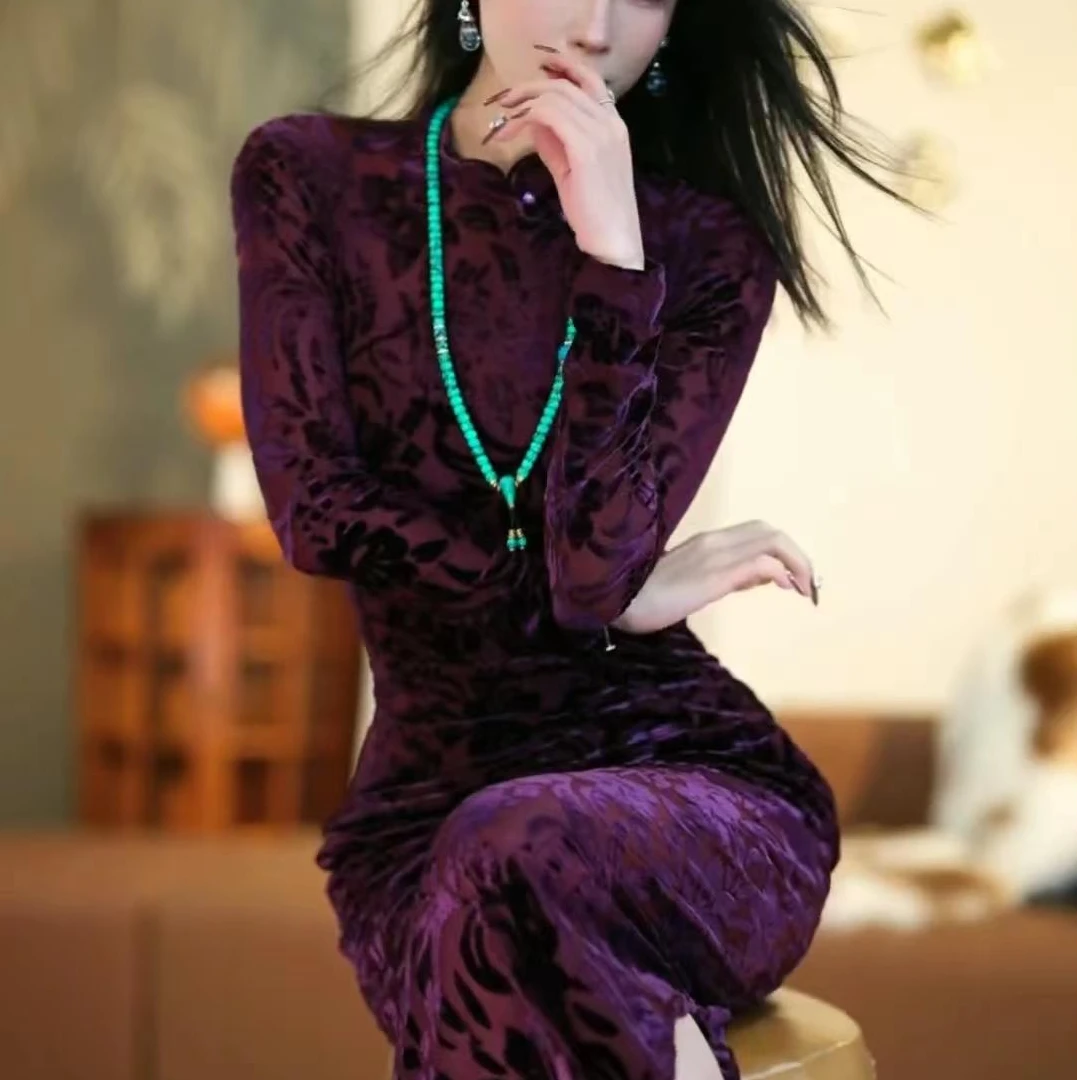 【静铉】秋季新款新中式气质收腰显瘦直筒连衣裙-YL0019