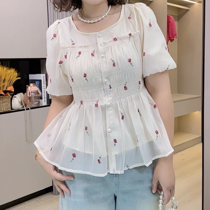 夏季气质大码法式甜美刺绣花朵显瘦拼接衬衫胖mm宽松上衣女1127#