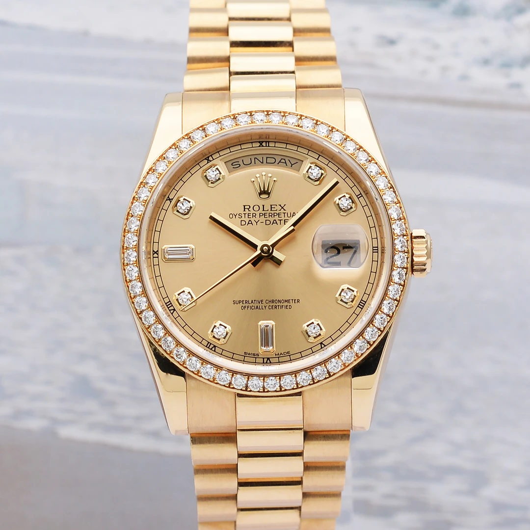 99新 Rolex/劳力士 爱换/星期日历型118348/36mm/18K黄金原钻名表
