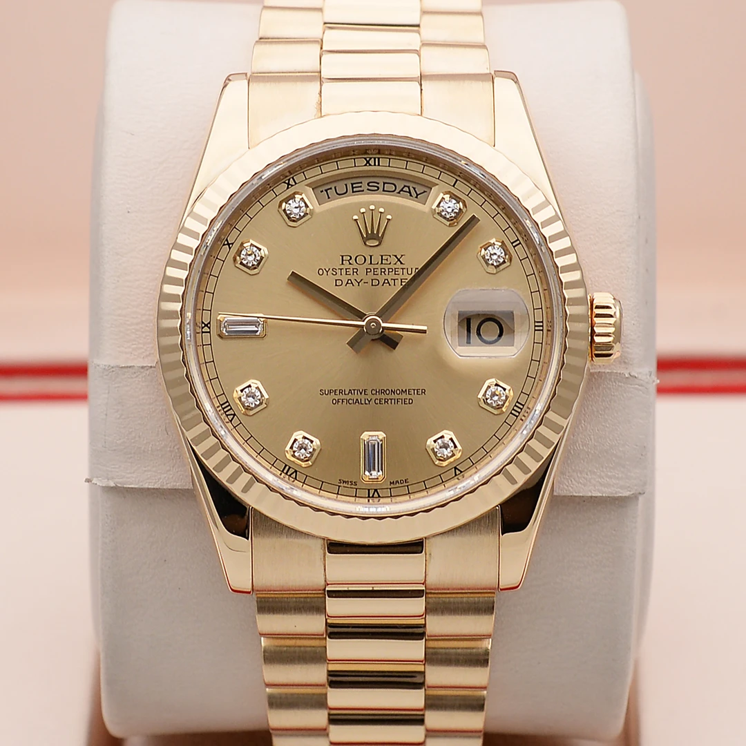 99新 Rolex/劳力士 泽泰/星期日历118238金盘18K黄金原钻36mm