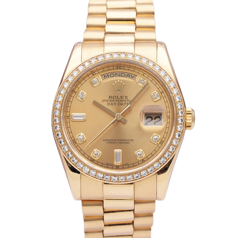 99新 Rolex/劳力士 泽泰/星期日历型118348金盘36mm/18K黄金原钻