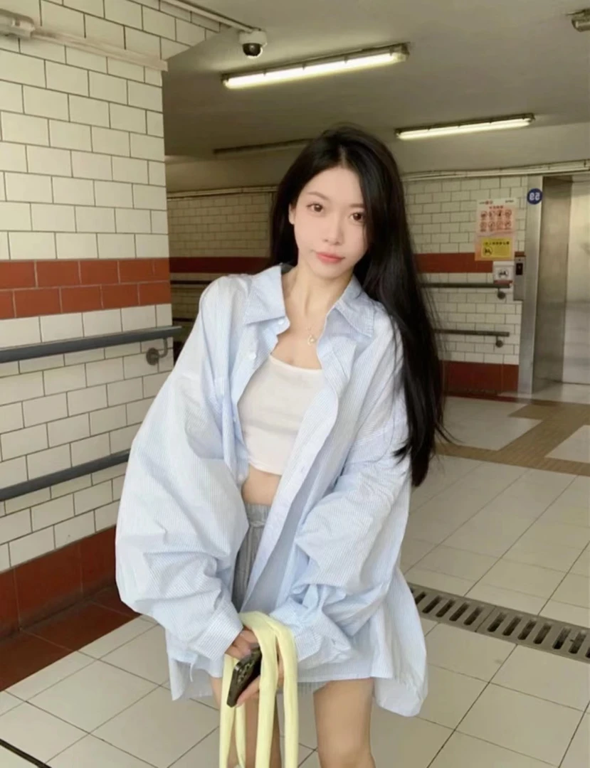 秋季新款宽款韩系条纹秋款POLO 领衬衫女宽松设计中长款上衣P