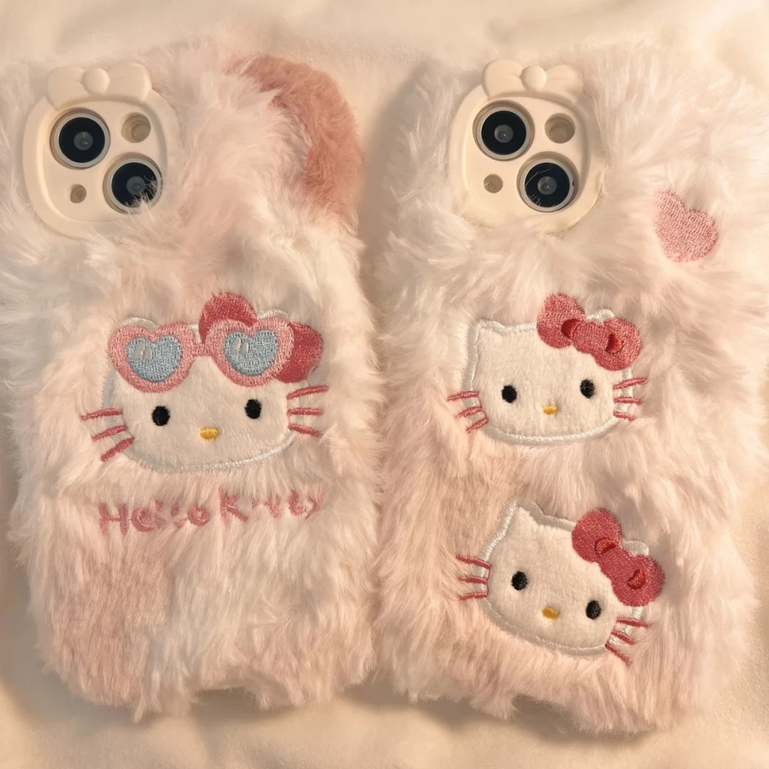 秋冬毛绒粉色kitty猫适用苹果17Promax手机壳iPhone16/13/15Pro女