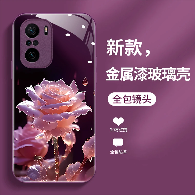 红米K40手机壳k40s液态玻璃保护套网红时尚潮牌可爱女款雨中绽放