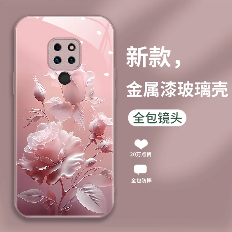 适用华为mate20手机壳钢化玻璃壳保护套简约网红新款个性时尚玫瑰