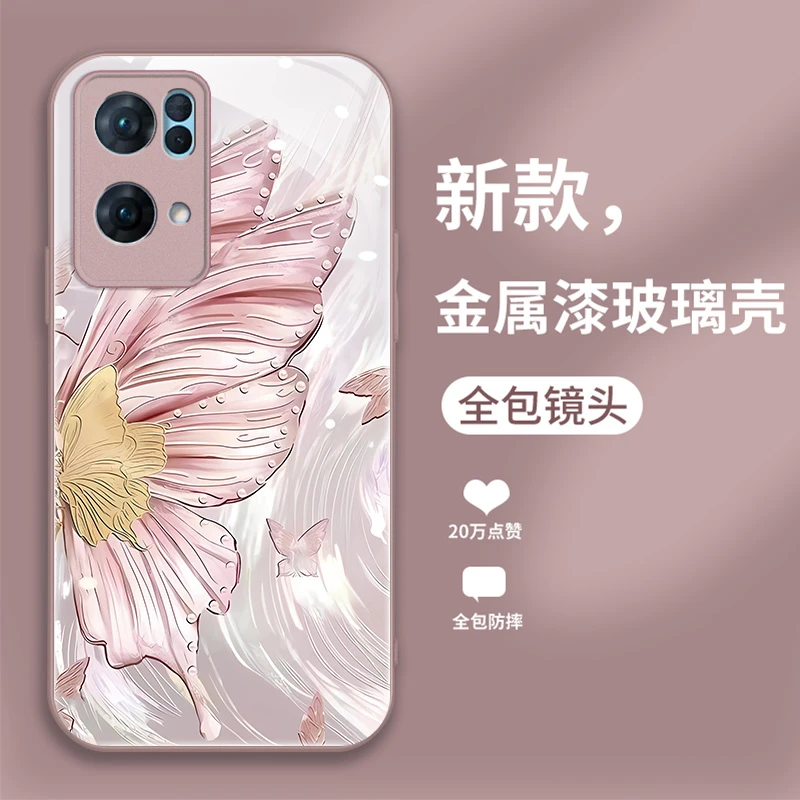 适用OPPOreno7pro手机壳时尚高级感个性潮创意防摔羽蝶玻璃保护套