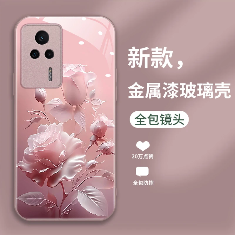适用红米K60E手机壳钢化玻璃壳保护套简约网红新款个性时尚潮玫瑰