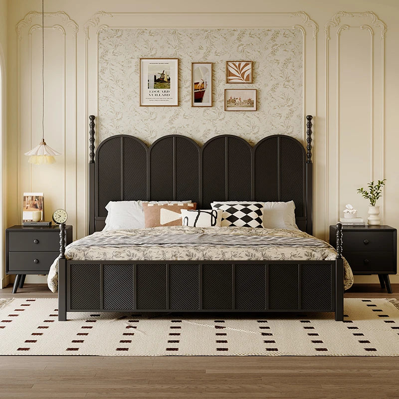 美式实木床主卧复古胡桃色中古风双人床罗马柱法式轻奢床复古风床