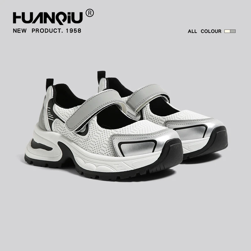 环球魔术贴凉鞋老爹鞋女2024秋季新款厚底银色增高透气运动休闲鞋