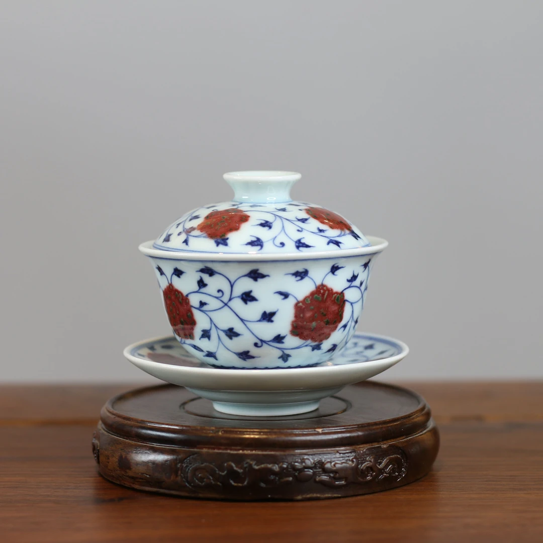 和然窑 青花釉里红 四季花卉 迷你 三才 盖碗 缠枝 复古   釉里红