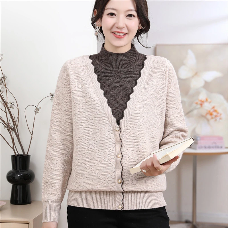 中年妈妈秋装毛衣洋气假两件针织小衫40岁50中老年女秋冬款打底衫