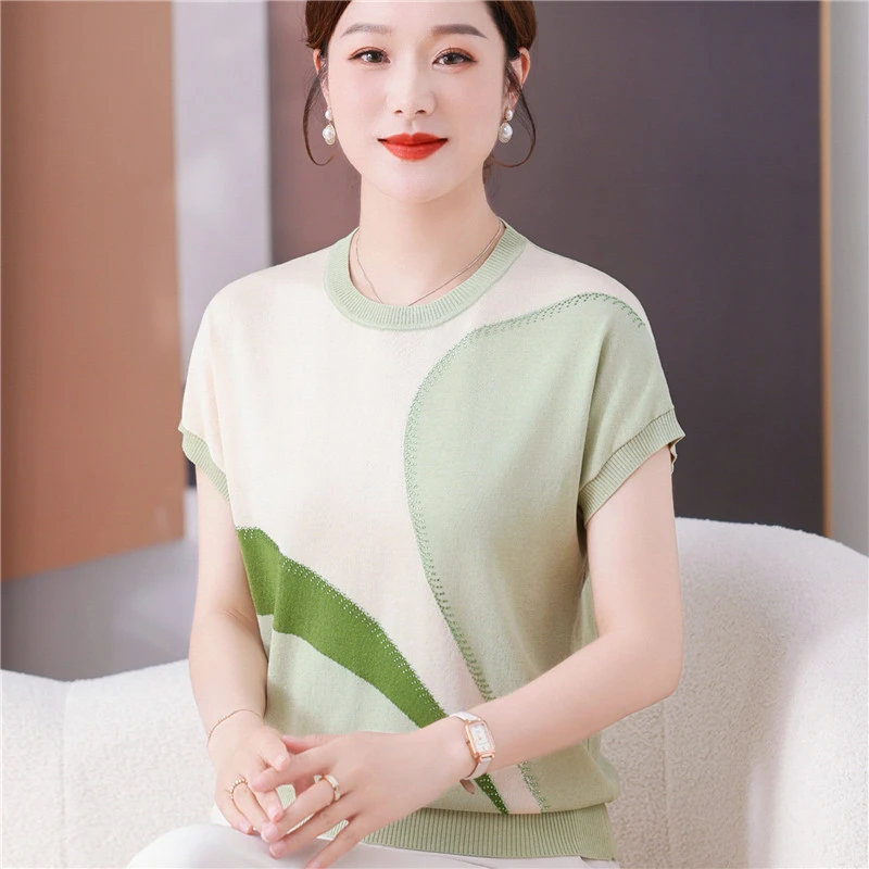 年轻妈妈夏装时尚短袖针织衫上衣中老年女装薄款气质冰丝T恤套装