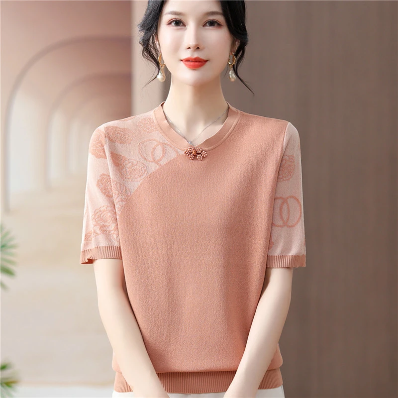 年轻妈妈装短袖T恤夏装冰丝针织小衫中老年女装母亲节洋气衣服