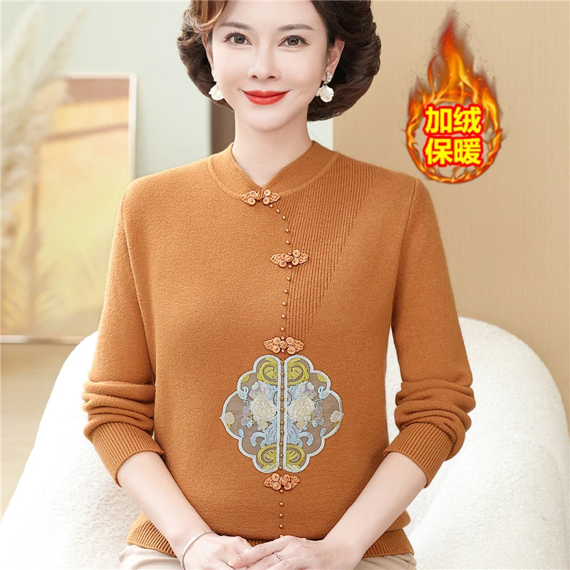 妈妈装加绒加厚毛衣2024秋冬国风气质打底衫中年女大码保暖上衣