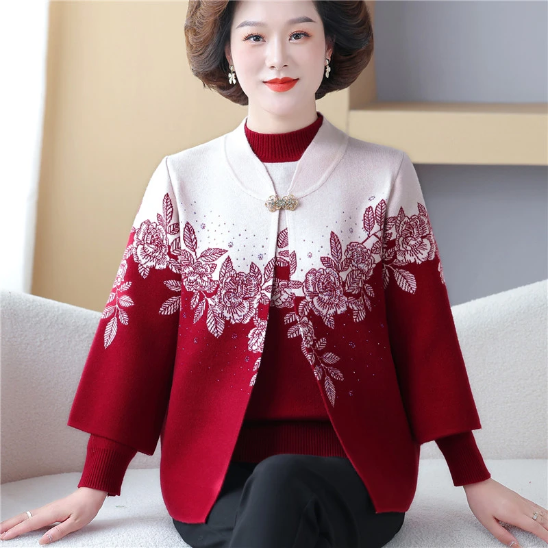 新中式喜妈妈秋装针织两件套婚宴装中老年女秋冬国风毛衣开衫外套