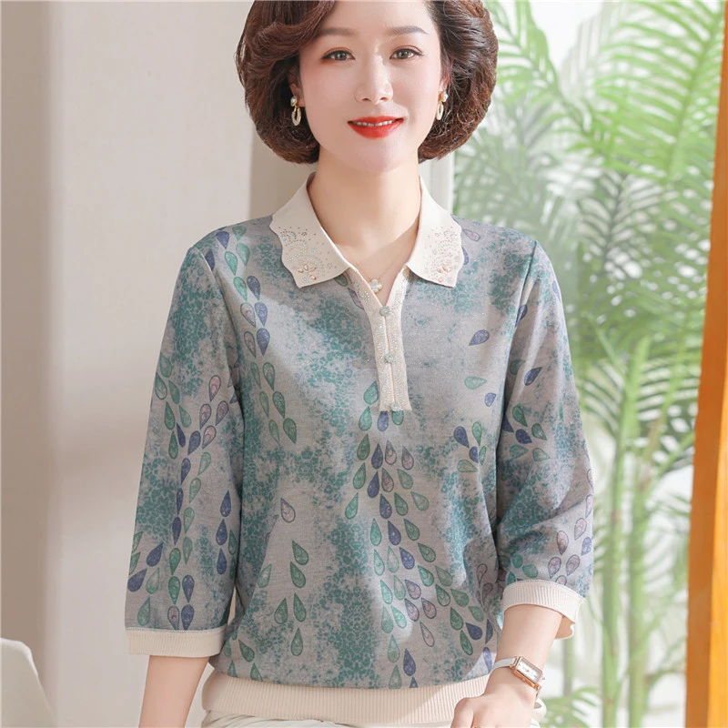洋气妈妈春装薄款针织翻领打底衫中老年女夏季七分袖T恤冰丝小衫