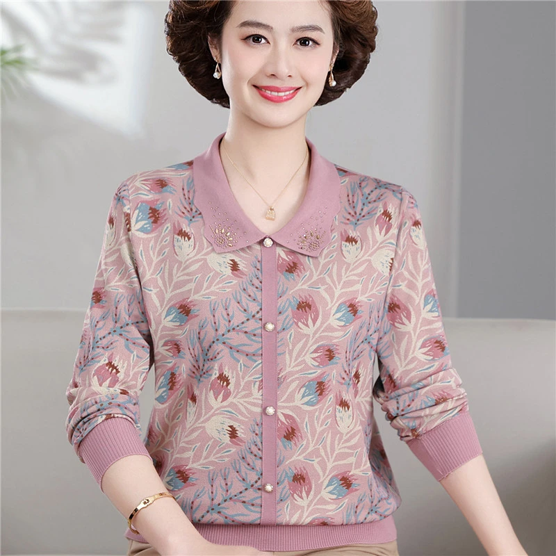 妈妈中年秋装翻领长袖T恤新款上衣中老年妇女春秋洋气宽松打底衫