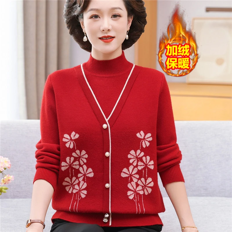 妈妈秋冬装2024新款假两件加绒加厚毛衣中老年女一体绒洋气打底衫