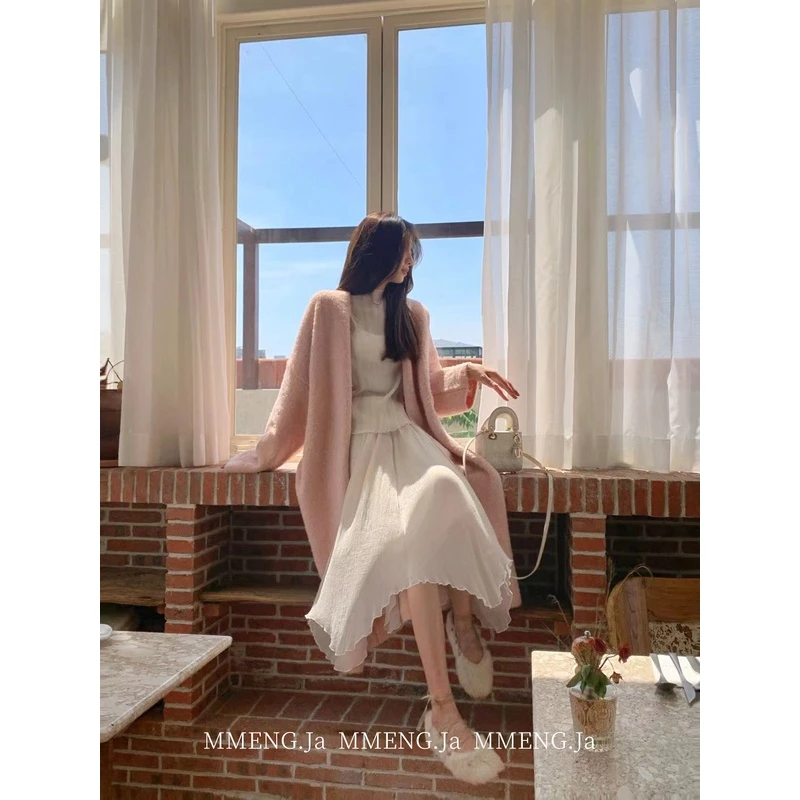 【MMENGJA】 桃桃糯米糍 蜜桃粉中长款开衫毛衣早秋宽松外套女