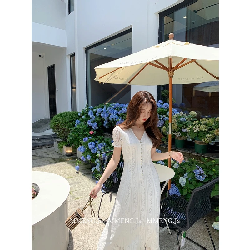 MMENGJA」南法小仙女ゝ重工白色蕾丝连衣裙夏女收腰显瘦V领中长裙